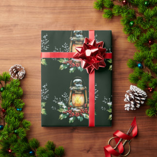 Papel De Presente Festive Lantern Nestled in Holly – Seasonal Glow 