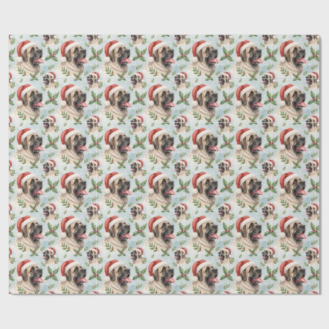 Papel De Presente Festive Mastiff Christmas Holly Watercolor Wrap (Aberto)