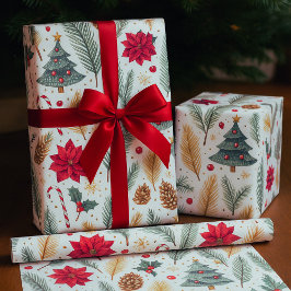 Papel De Presente Festive Pine, Poinsettia Christmas Tree