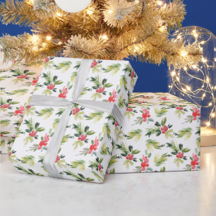 Papel De Presente Festive Watercolor Holly Patterno Natal
