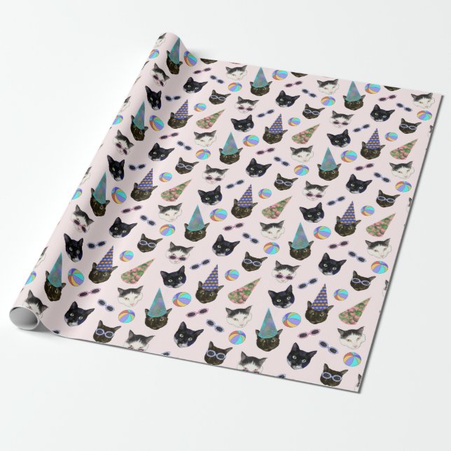 Papel De Presente Festivo Birthday Cats Summer Piscina (Desenrolado)