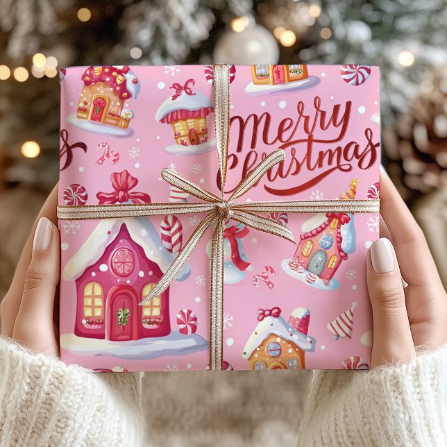 Papel De Presente Festivo Festivo, Rosa, Feliz Natal (Pink Candy Festive Merry Christmas Wrapping Paper)