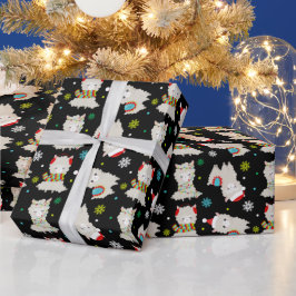 Papel De Presente Festivo Lhamas de Natal em Preto