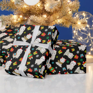 Papel De Presente Festivo Lhamas de Natal em Preto