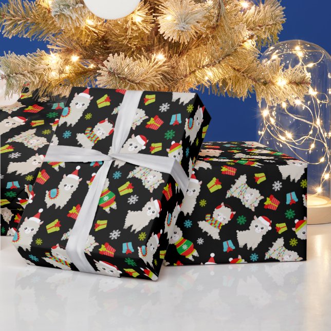 Papel De Presente Festivo Lhamas de Natal em Preto (Feriados)