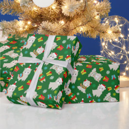 Papel De Presente Festivo Lhamas de Natal em Verde
