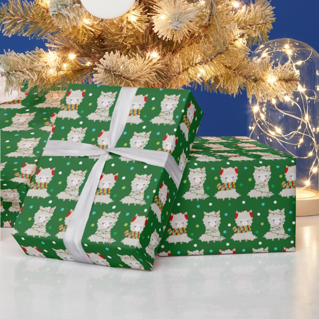 Papel De Presente Festivo Lhamas de Natal em Verde (Feriados)