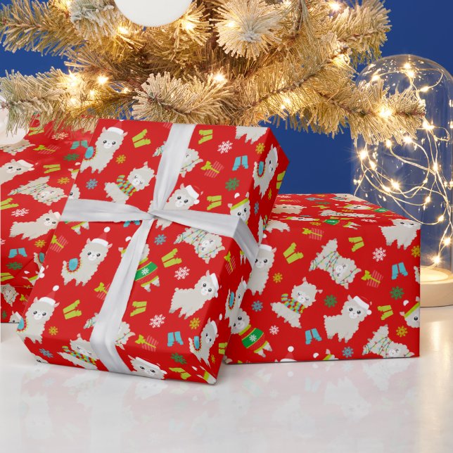Papel De Presente Festivo Lhamas de Natal em Vermelho (Feriados)