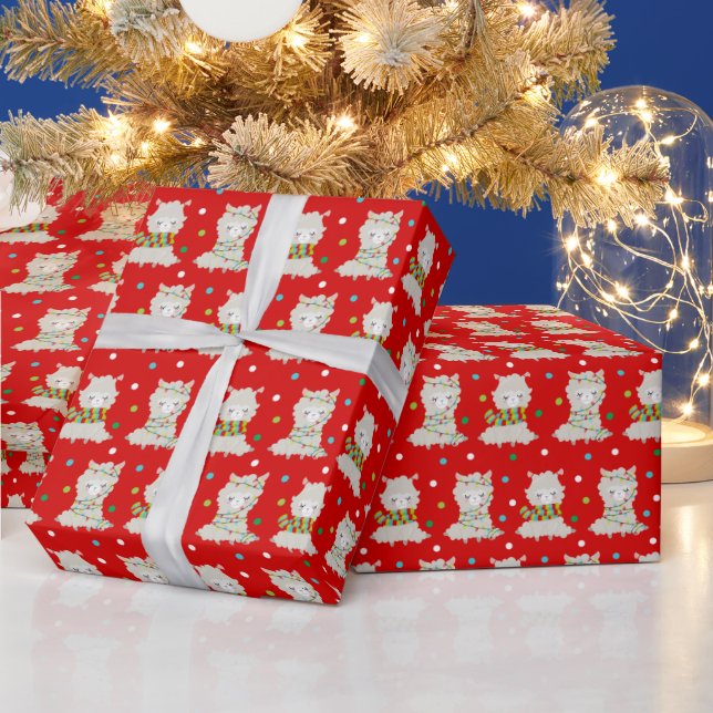 Papel De Presente Festivo Lhamas de Natal em Vermelho (Feriados)