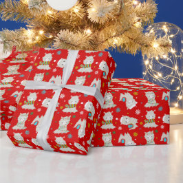 Papel De Presente Festivo Lhamas de Natal em Vermelho