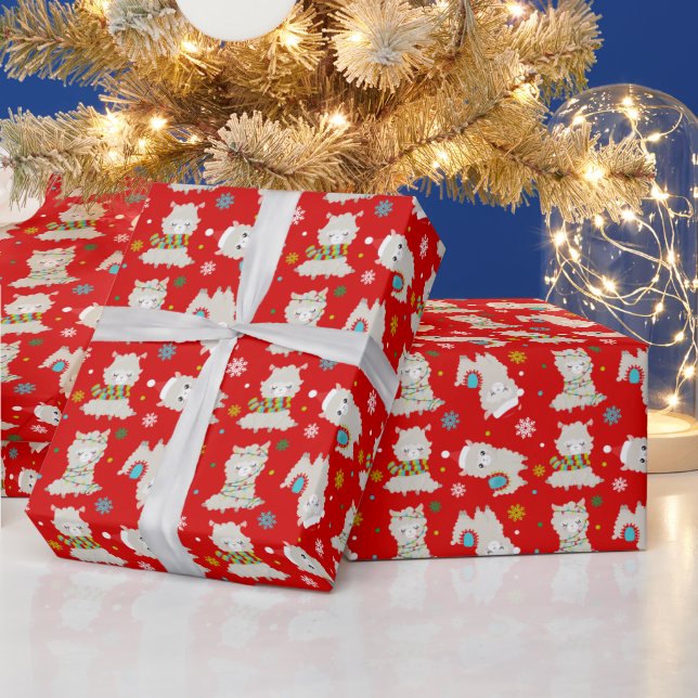 Papel De Presente Festivo Lhamas de Natal em Vermelho (Feriados)
