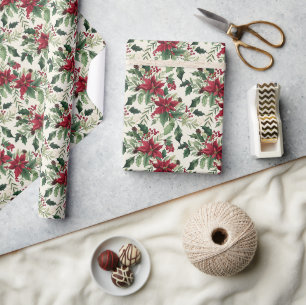 Papel De Presente Festivo Poinsettia e inverno Verde Natal