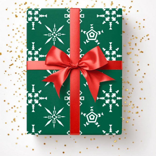 Papel De Presente Festivo Verde Flocos de Neve Natal (Festive Green Snowflakes Christmas Wrapping Paper)