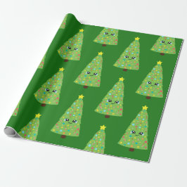 Papel De Presente Festivo Verde sorrindo Kawaii Árvore de Natal