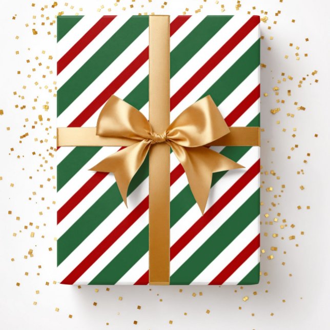 Papel De Presente Festivo Verde Vermelho Elegante - Natal (Christmas Green Red White Stripes Pattern Wrapping Paper)