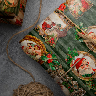 Papel De Presente Festivo Vintage Santas em Quadros de Ornamentado c