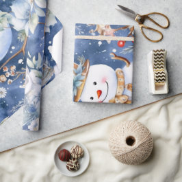 Papel De Presente Festivo Vintage Snowman e Florais de Natal