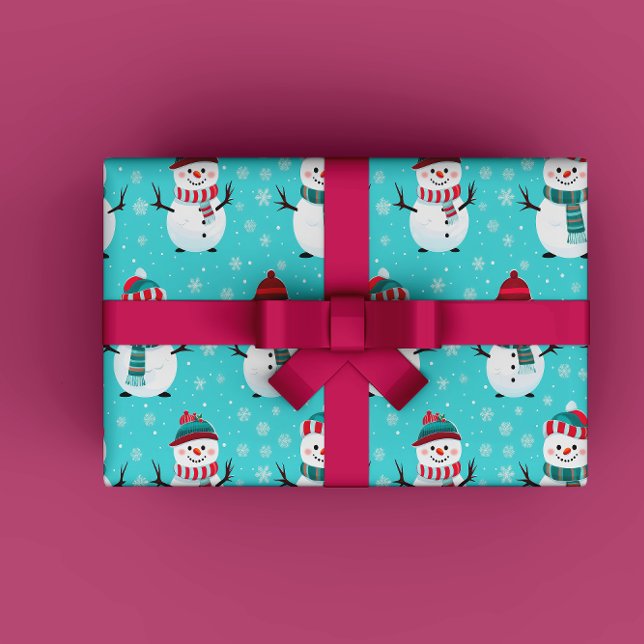 Papel De Presente Festivo Winter Wonderland Blue Snowmen Natal (Festive and Fun Winter Wonderland Blue Happy Snowman Gift Wrapping Paper)