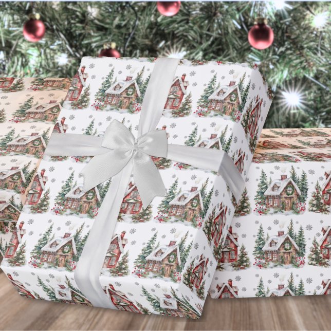 Papel De Presente FesWinter Cabine Watercolor Natal (Festive Winter Cabin Watercolor Christmas Wrapping Paper )
