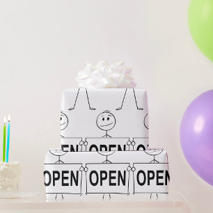 Papel De Presente Figura de palito engraçada segurando placa aberta