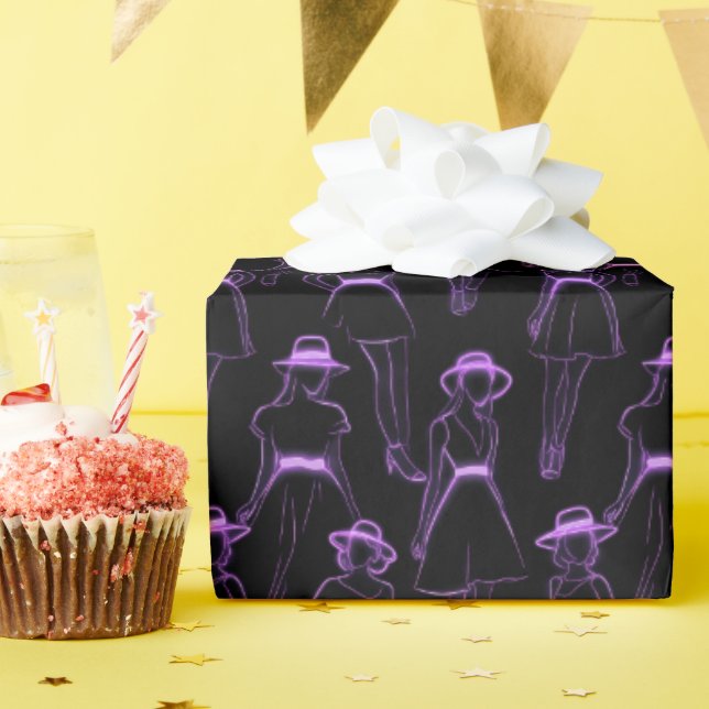 Papel De Presente Figuras da Linha de Moda Roxa Neon em Preto (Festa de aniversário)
