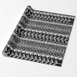 Papel De Presente Fileiras de padrões rabiscados em preto e branco
