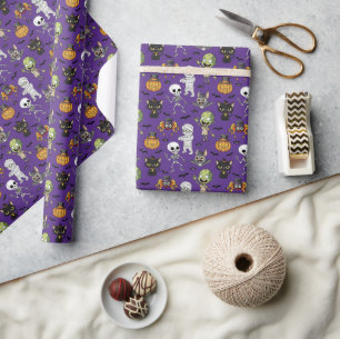 Papel De Presente Filhos de Cartoon de Halloween Roxo Moderno e Cuto