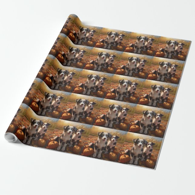 Papel De Presente Filhote de Australian Shepherd Outono Delícia Abób (Desenrolado)