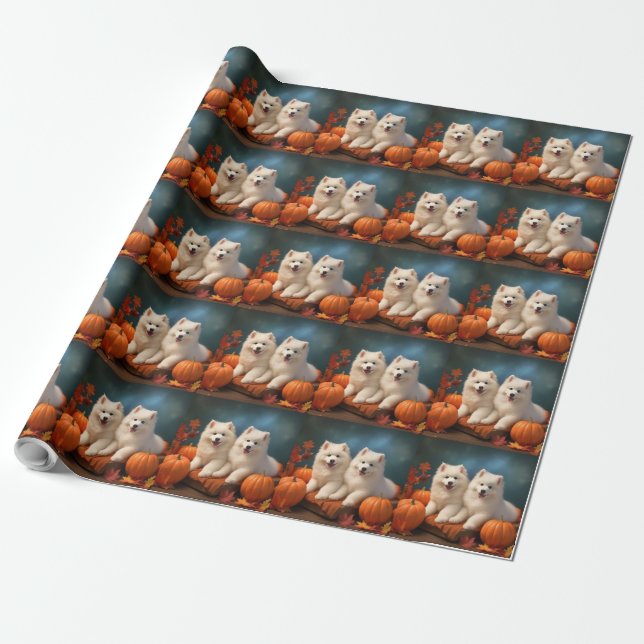 Papel De Presente Filhote de Samoyed Delícia de Outono Abóbora (Desenrolado)
