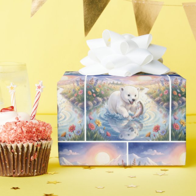 Papel De Presente Filhote de Urso Polar Brincando com um Peixe (Festa de aniversário)
