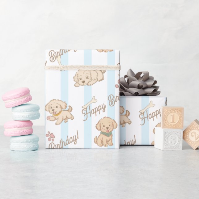 Papel De Presente Filhote fofo pastel azul bege aniversário feliz (Chá de bebê)