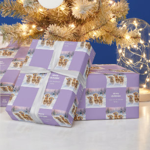 Papel De Presente Filhotes de Retriever Dourado no Natal Lilás na Ne