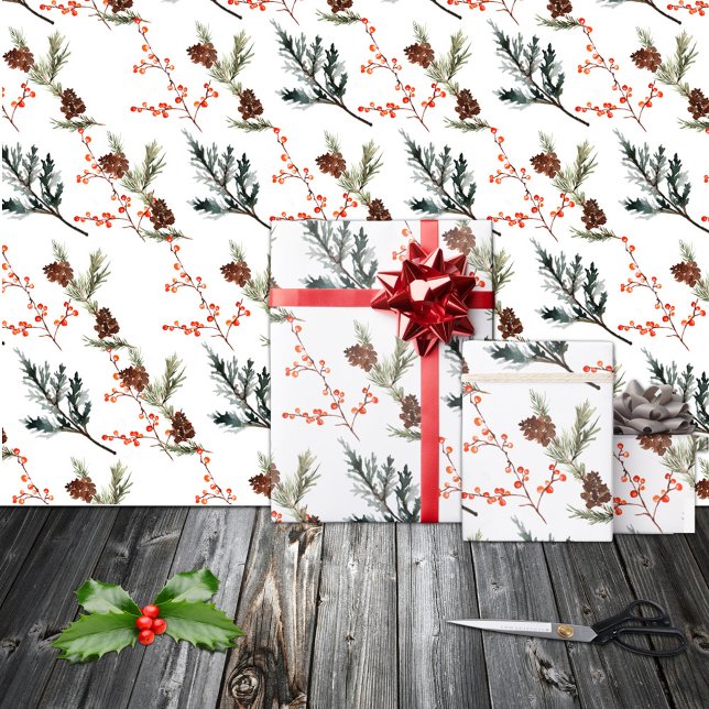 Papel De Presente Filiação De Pinheiro De Spruce De Inverno Cones Re (Winter Spruce Pine Branch Cones Red Ilex Berries Christmas Holiday Gift Wrapping Paper Rolls)