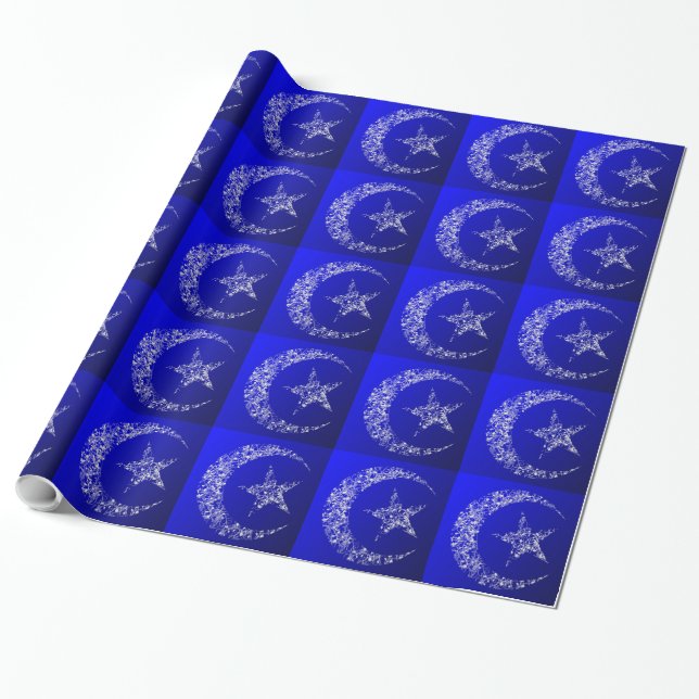 Papel De Presente Filigree Crescent Moon e Star em azul (Desenrolado)