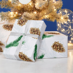 Papel De Presente Filtros de pinheiro de Watercolor e Pinecones Nata