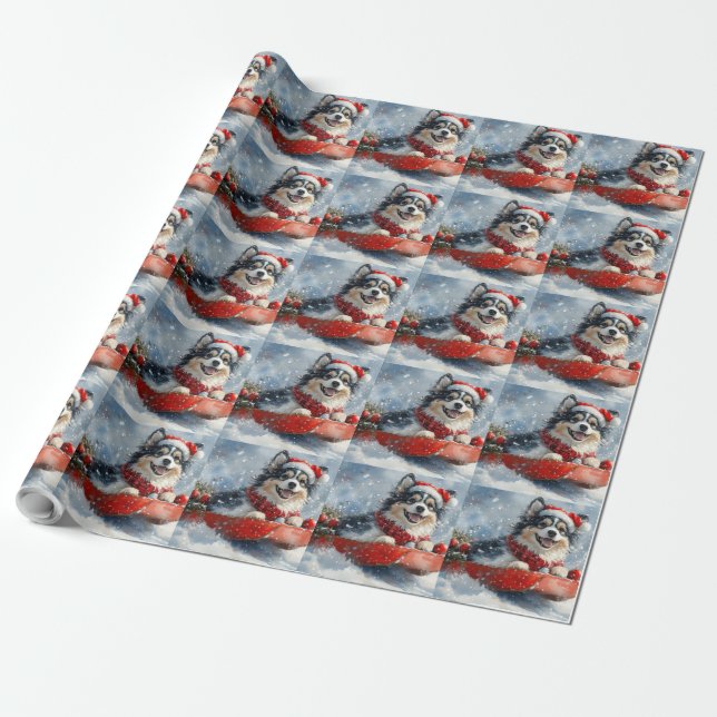 Papel De Presente Finnish Lapphund no Trenó Deixe Nevar Natal (Desenrolado)