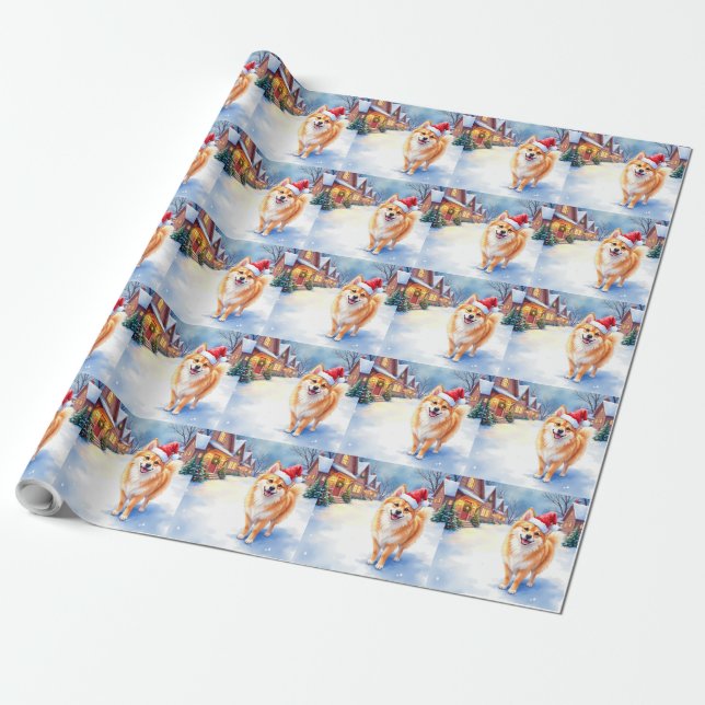 Papel De Presente Finnish Lapphund Snowy Village Santa Hat Christmas (Desenrolado)