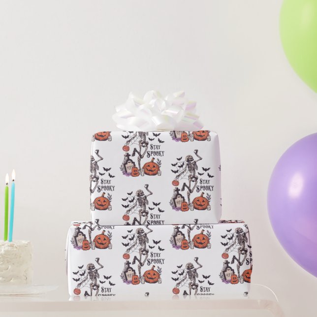Papel De Presente Fique Assustador Cemitério Esqueleto Branco Hallow (Presentes para festas)