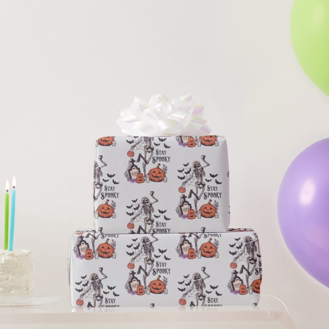 Papel De Presente Fique Assustador Cemitério Esqueleto Cinza Hallowe (Presentes para festas)