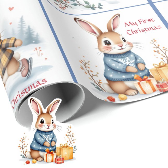 Papel De Presente First Christmas Baby Boy's Name Winter Bunnies (Criador carregado)