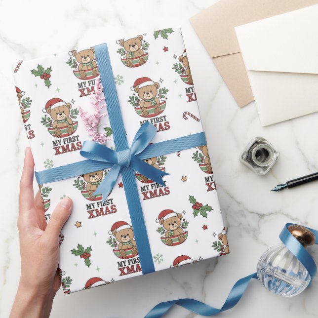 Papel De Presente First Xmas Teddy Bear Gift  (Presentear)