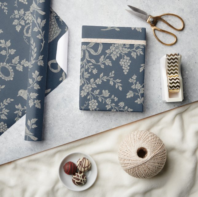 Papel De Presente Fita Azul e Creme Toile Francesa (Artesanato)