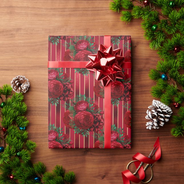Papel De Presente Fita Metálica Floral Vermelha Elegante (Presente de Natal)