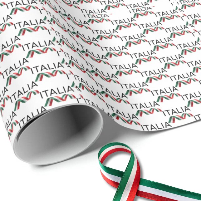 Papel De Presente Fita ondulada Itália  (Italia Black San Serif with Flag of Italy Curly Ribbon Repeat Wrapping paper)