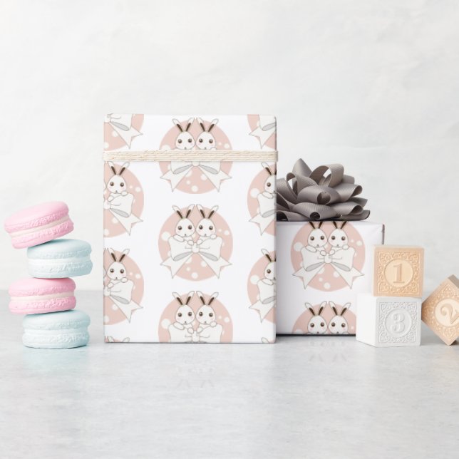 Papel De Presente Fita Rosa Pastel e Branco Desligado e Coelho Gêmeo (Chá de bebê)