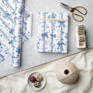 Papel De Presente Fitas Azuis e Laços Toile Coquette Padrão