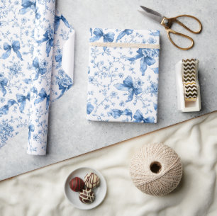 Papel De Presente Fitas Azuis e Laços Toile Coquette Padrão 