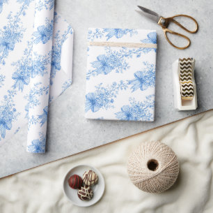 Papel De Presente Fitas Azuis e Laços Toile Coquette Padrão 