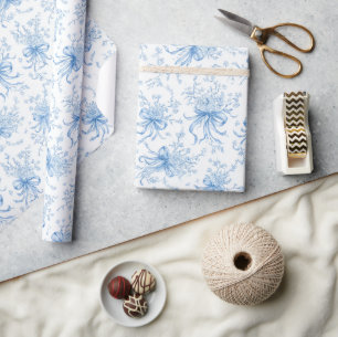 Papel De Presente Fitas Azuis e Laços Toile Coquette Padrão