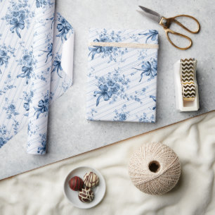 Papel De Presente Fitas Azuis e Laços Toile Coquette Padrão